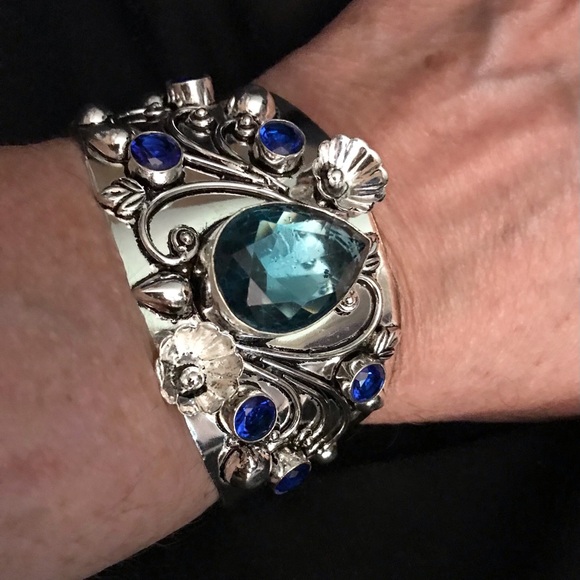 Lanleenn Jewelry - London Blue Topaz Stamped 925 Sterling Silver Cuff Bracelet
